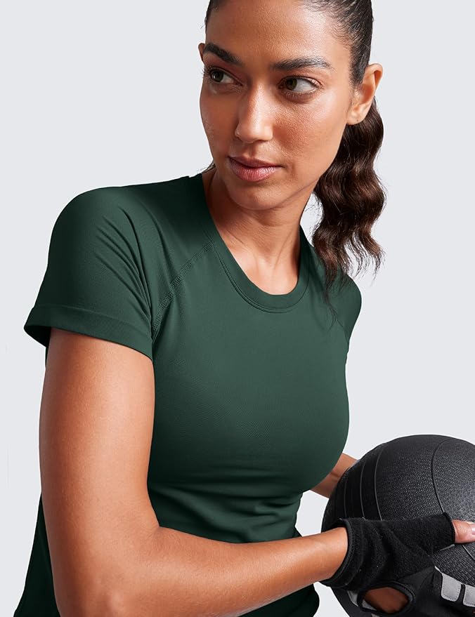 CRZ YOGA Seamless Workout Tops for Women Waist Length - Running Gym Athletic Yoga Short Sleeve Shirts Breathable Crewneck