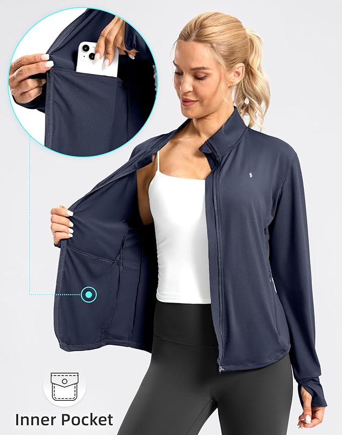 Soothfeel Women's UPF 50+ Lightweight Athletic Jackets Sun Protection Zip Up Long Sleeve Shirts Hiking Workout Outdoor Pocket
