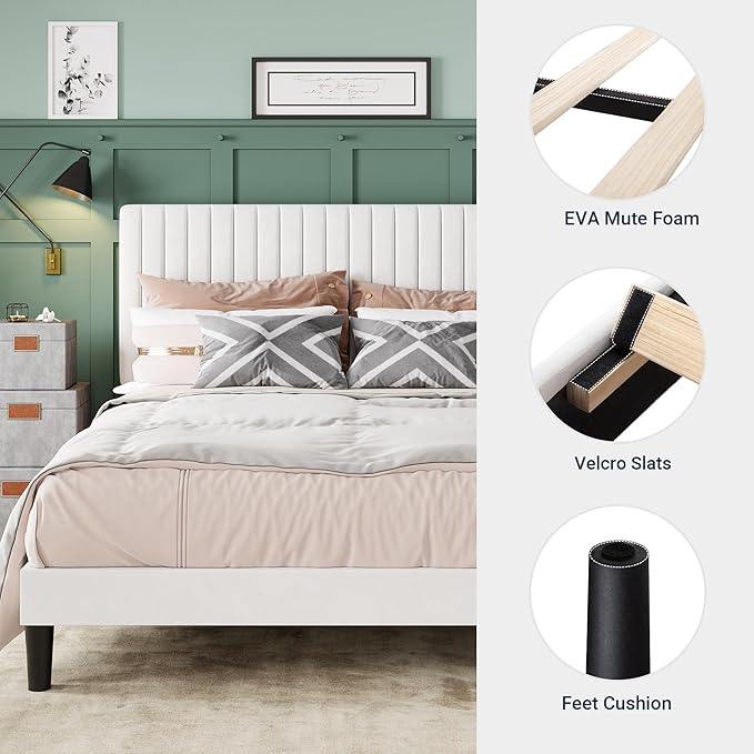 Allewie Queen Bed Frame, Velvet Upholstered Platform Bed with Adjustable Vertical Channel Tufted Headboard, Mattress Foundation with Strong Wooden Slats, Box Spring Optional, Easy Assembly, Off-White