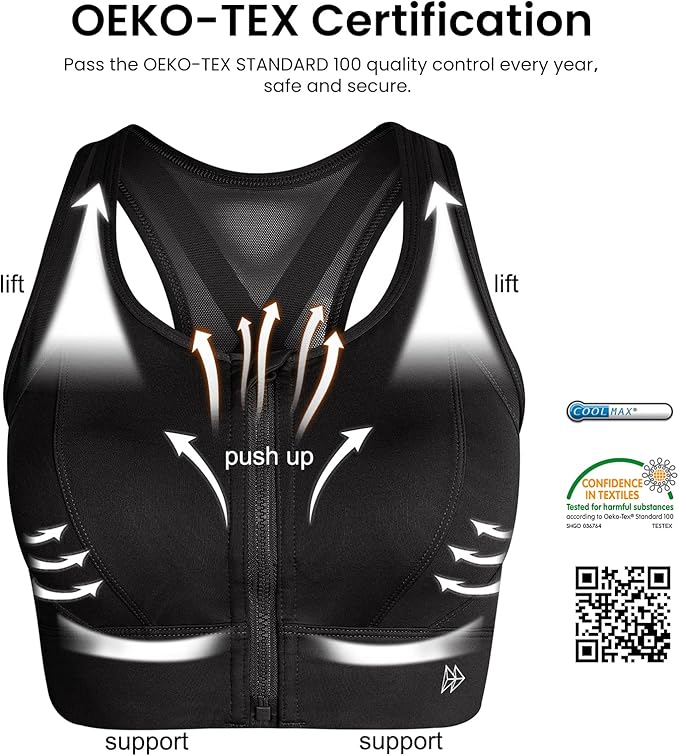 Yvette High Impact Zip Front Sports Bra Mesh Racerback Workout High Support Sports Bras for Women Large Breasts