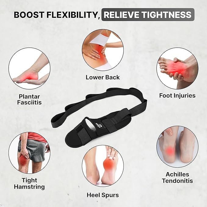 DMoose Fitness Foot & Calf Stretcher with Adjustable Padded Stretching Strap for Plantar Fasciitis, Hamstring, Heel Spurs and Achilles Tendonitis Relief - Yoga Leg Stretch Strap for Flexibility