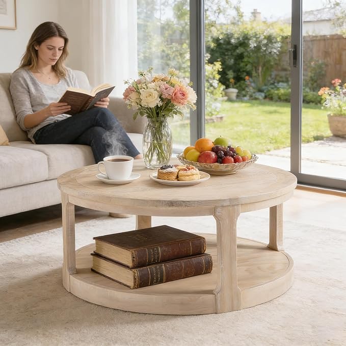 40" Round Wood Coffee Table, 2 Tier Modern Center Table with Roller Wheels,Solid Wood+MDF, Easy Assembly, Accent Table for Living Room, Apartment, Small Space.(Oak)