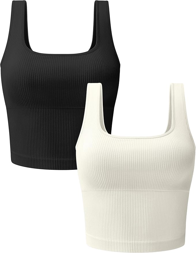OLCHEE Womens 3 Pack Crop Tank Tops Basic Seamless Ribbed Sleeveless Square Neck Workout Top Summer Exercise Yoga Gym Shirts