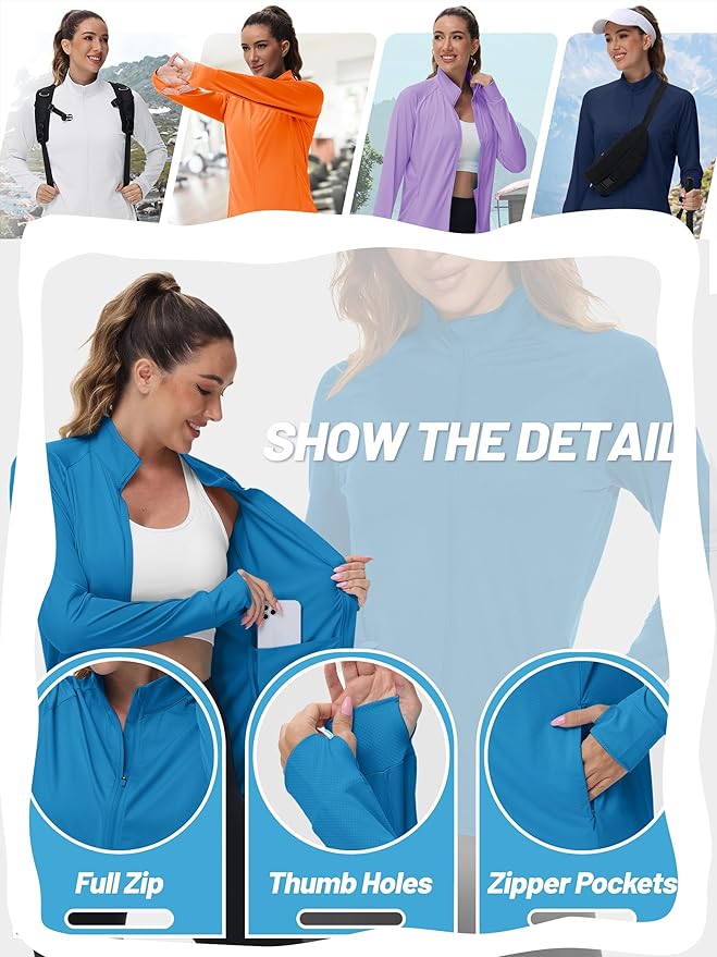 TACVASEN Women's Athletic Jackets Lightweight UV Protection Shirts Full Zip Workout Jacket UPF 50+ Long Sleeve Sun Shirt