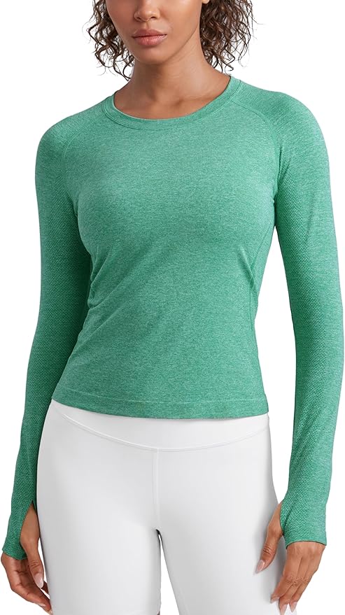 CRZ YOGA Seamless Long Sleeve Shirts for Women Waist Length - Workout Athletic Running Gym Yoga Tops Crewneck Breathable
