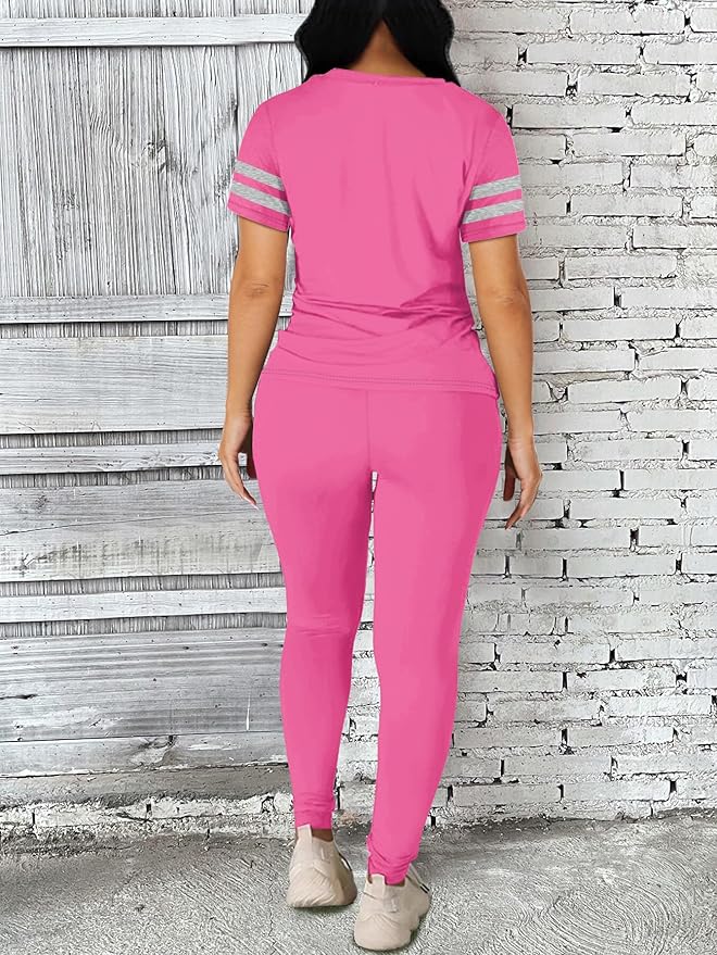 Two Piece Sets for Women Summer Short Sleeve Striped Crewneck Slim Fit Active Casual Sweatsuits