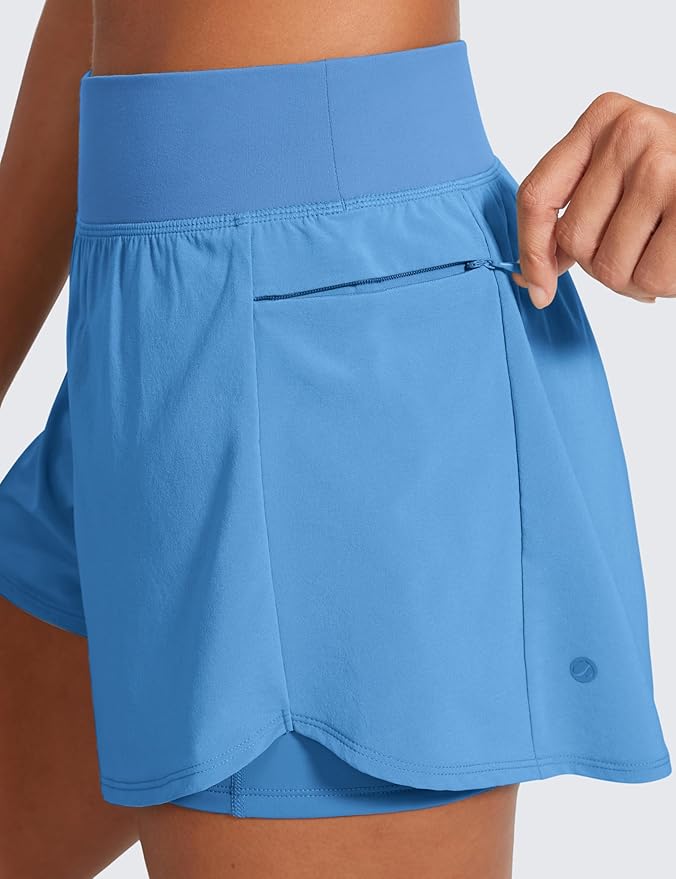 CRZ YOGA 2 in 1 Double Layer Running Shorts for Women 3" - High Waisted for Athletic Tennis Workout with Zip Pockets