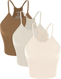 ODODOS Women's Crop 3-Pack Seamless Rib-Knit Camisole Crop Tank Tops