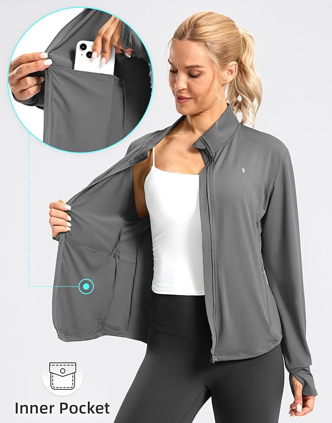 Soothfeel Women's UPF 50+ Lightweight Athletic Jackets Sun Protection Zip Up Long Sleeve Shirts Hiking Workout Outdoor Pocket