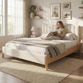 Queen Size Bed Frame with Boucle Upholstered Headboard, Solid Rubberwood Legs & Vertical Striped Design, Sturdy Wood Slat Support Boucle Bed Frame, No Box Spring Needed, White