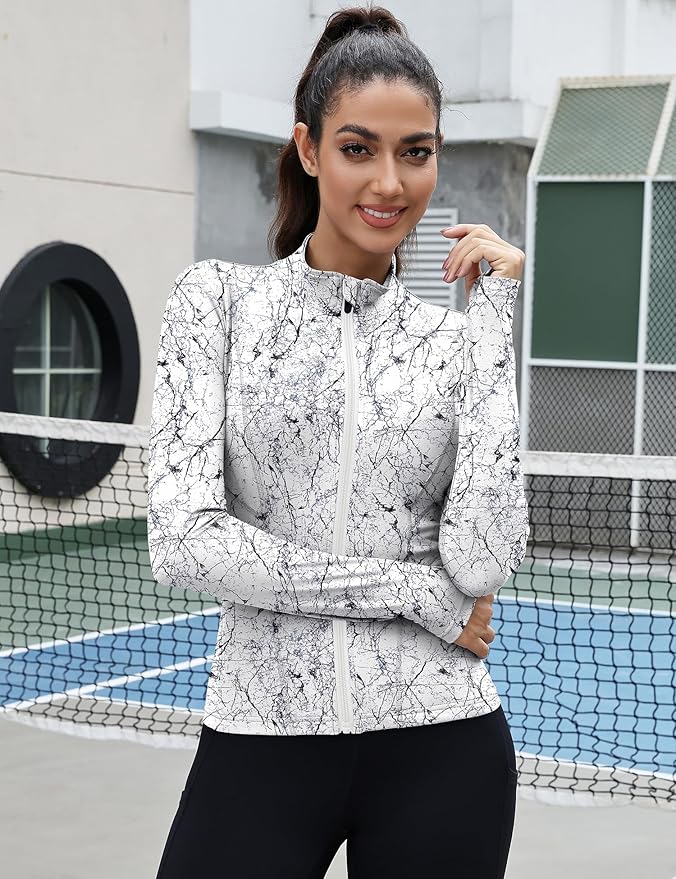 Rapbin Women's Slim Fit Workout Jackets Full Zip Long Sleeve Running Athletic Tops Yoga Shirts with Thumb Holes