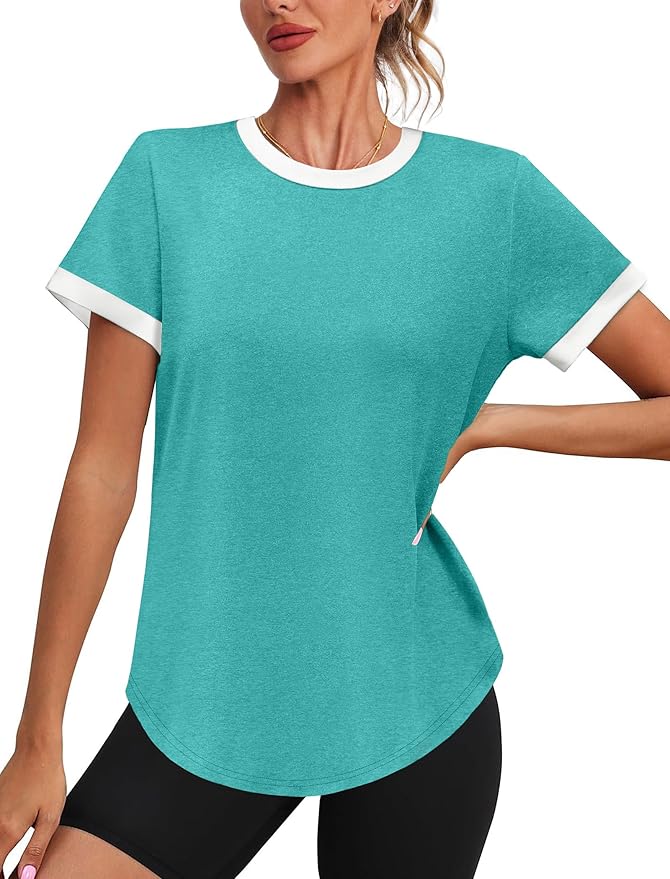 Womens Workout Tops Summer Short Sleeve Shirts Athletic Color Block Gym Clothes Outfits Sun Protection UPF 50+ T Shirts
