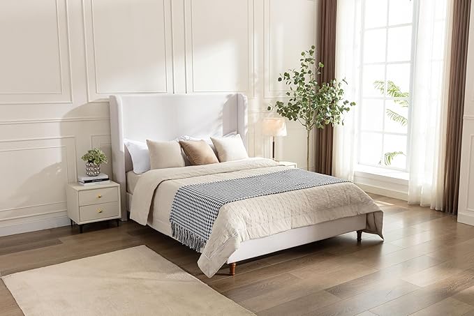 California King Size Upholstered Bed Frame, 54" Tall Headboard Wingback Platform Bed Frames, Elegant Simplicity/Strong Wood Slats Support/No Box Spring Needed/No Noise, Textured Ivory Canvas