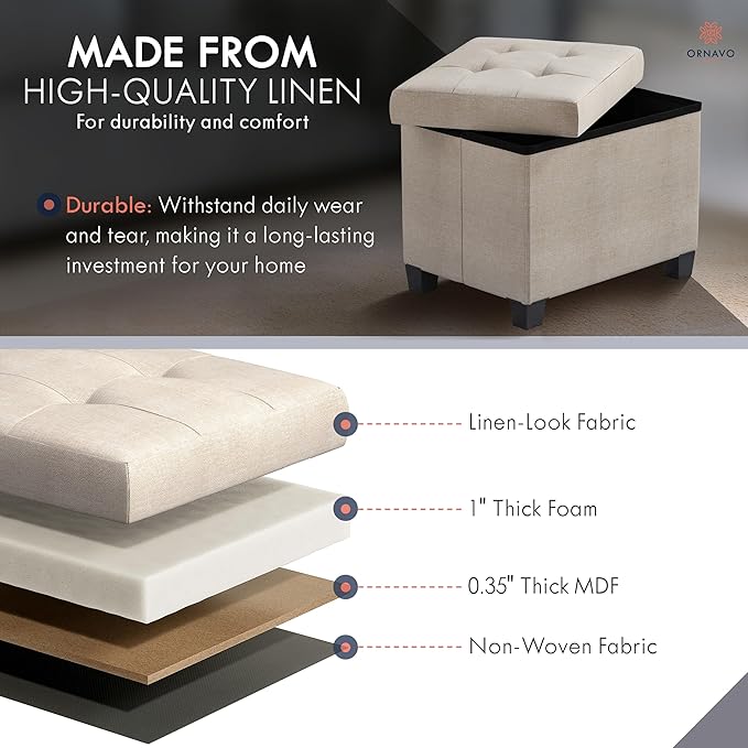 Ornavo Home Storage Ottoman Small Rectangle Ottoman with Legs, Foot Rest Stool Seat, Load up to 600 LB, for Living Room, Bedroom, Home Office, Dorm - 12 x 16 x 12, Beige