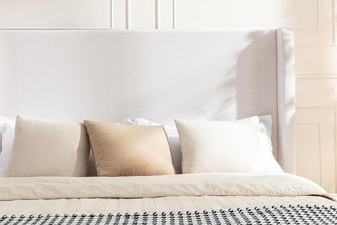 California King Size Upholstered Bed Frame, 54" Tall Headboard Wingback Platform Bed Frames, Elegant Simplicity/Strong Wood Slats Support/No Box Spring Needed/No Noise, Textured Ivory Canvas