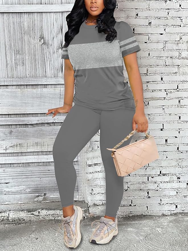 Two Piece Sets for Women Summer Short Sleeve Striped Crewneck Slim Fit Active Casual Sweatsuits
