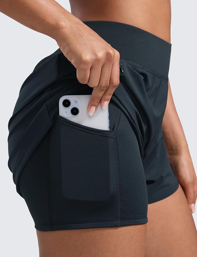 CRZ YOGA 2 in 1 Double Layer Running Shorts for Women 3" - High Waisted for Athletic Tennis Workout with Zip Pockets