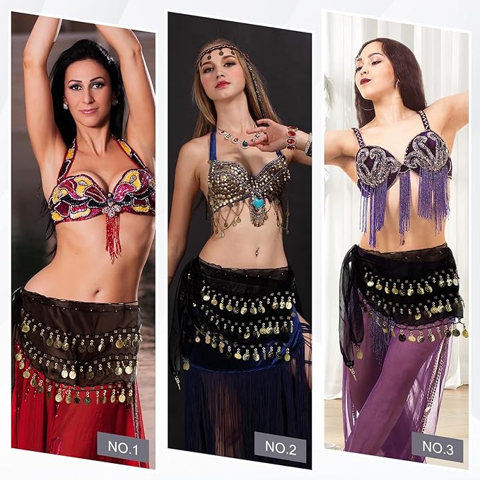 Belly Dance Hip Scarf Belly Dance Skirt 3-Layer Gold Sequins and Coins, Suitable for Yoga, Belly Dance, Performance
