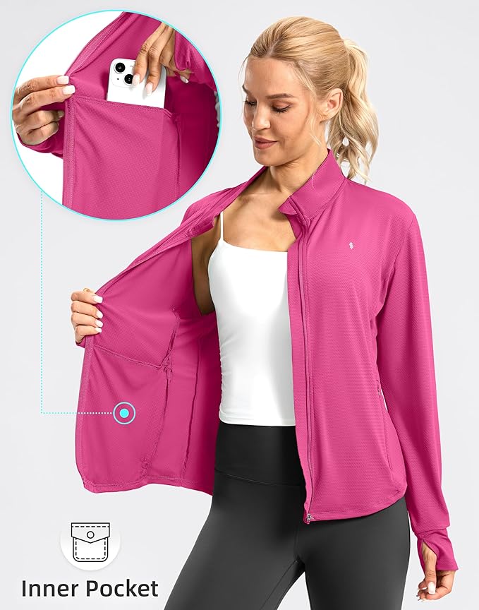 Soothfeel Women's UPF 50+ Lightweight Athletic Jackets Sun Protection Zip Up Long Sleeve Shirts Hiking Workout Outdoor Pocket