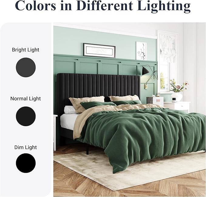 Allewie Queen Bed Frame, Velvet Upholstered Platform Bed with Vertical Channel Tufted Headboard, Mattress Foundation with Strong Wooden Slats, Box Spring Optional, Easy Assembly, Black