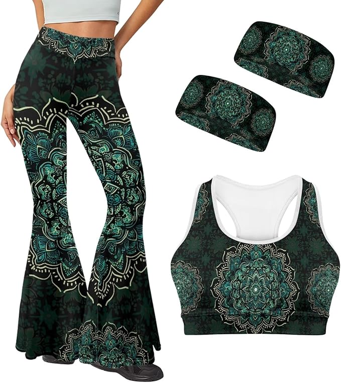 4 Piece Gym Sets Women Racerback Sports Bra with Back Pocket, Matching Flare Yoga Pants And Sweatband