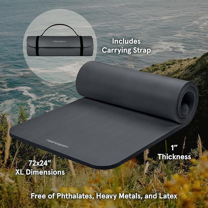 Retrospec Solana Yoga Mat 1" Thick w/Nylon Strap for Men & Women - Non Slip Exercise Mat for Home Yoga, Pilates, Stretching, Floor & Fitness Workouts