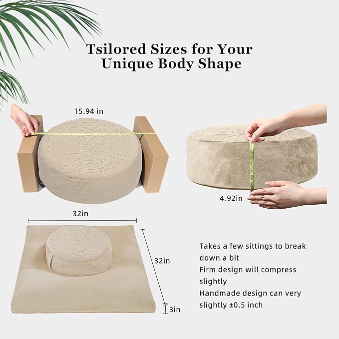 ellier Zafu & Zabuton Meditation Cushion Set - Buckwheat Hull & Memory Foam Pillows, Ergonomic Support for Yoga, Mindfulness - Organic Velvet Cover, Large Size, Durable Comfort (Khaki)