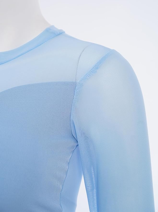 Womens Sheer Patchwork Yoga Shirt Long Sleeve Crew Neck Crop Top for Pilates Dance Workout
