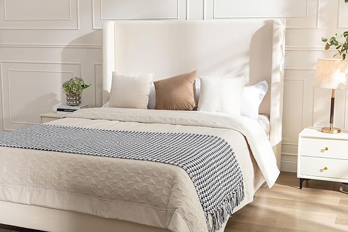 Upholstered Bed Frame Queen Size, 54" Tall Headboard Wingback Upholstered Platform Bed Frame for Kids Teens Adults Bedroom Strong Wood Slats Support/No Box Spring Needed/Easy Assembly, Beige
