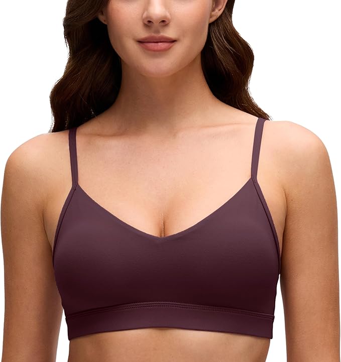 CRZ YOGA Butterluxe V-Neck Sports Bras for Women - Adjustable Thin Straps Padded Yoga Top Basic Wireless Camisole