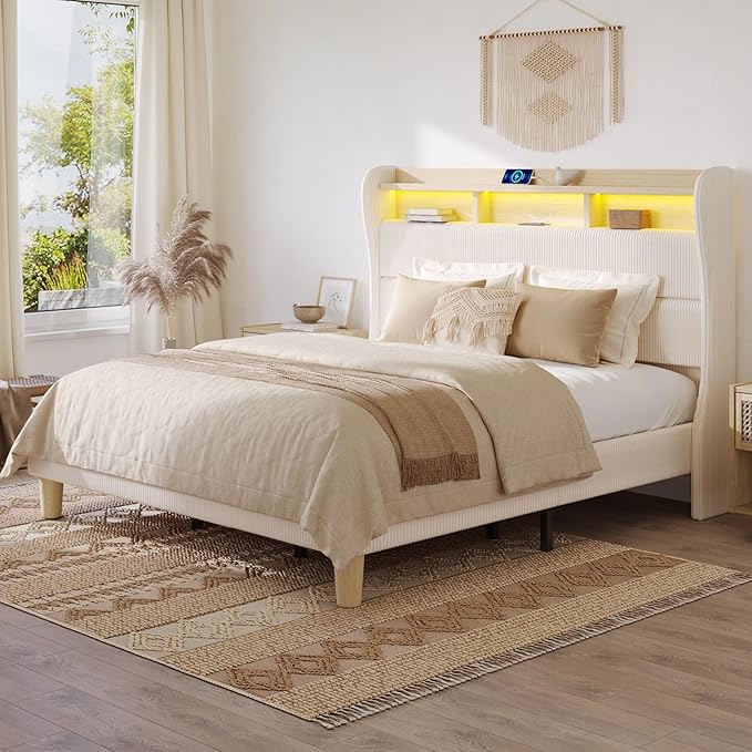 Bestier King Size Upholstered Wingback Bed Frame with 51” High Headboard Corduroy Fabric RGB LED Lights, Charging Station Dual Storage Shelves Modern Off White Platform Bed No Box Spring Needed | King Bed Frame