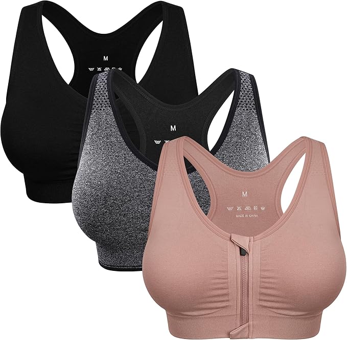Women's Zip Front Sports Bra Wireless Post-Surgery Bra Active Yoga Sports Bras