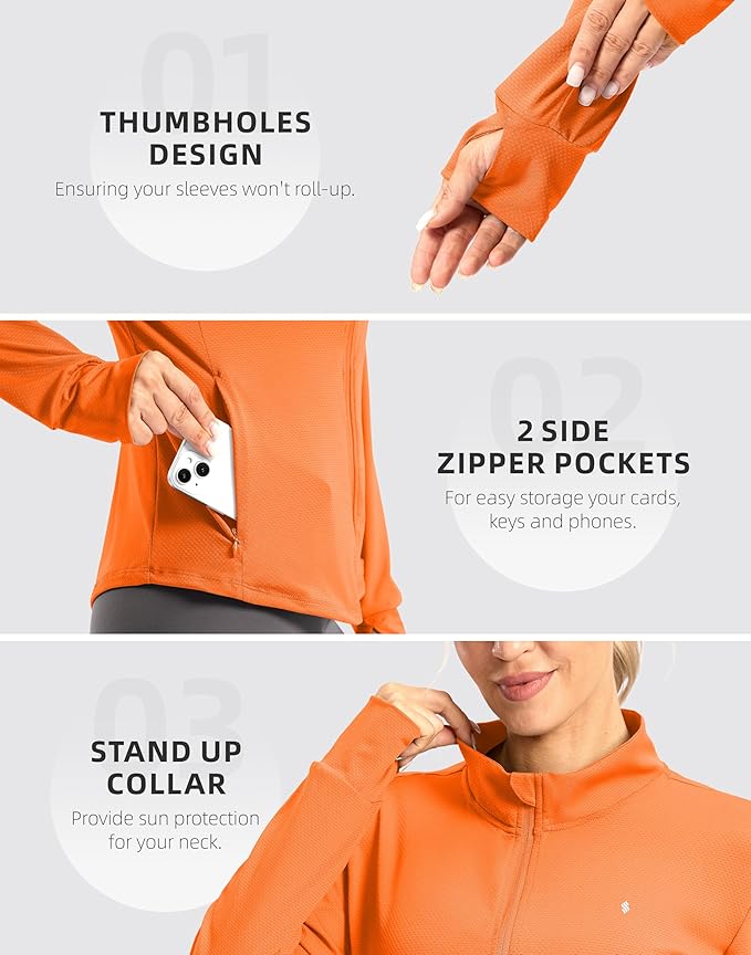 Soothfeel Women's UPF 50+ Lightweight Athletic Jackets Sun Protection Zip Up Long Sleeve Shirts Hiking Workout Outdoor Pocket