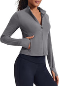 PINSPARK Women Cropped Workout Jackets Full Zip Slim Fit Athletic Jackets Thumb Holes Running Jacket with Zipper Pockets