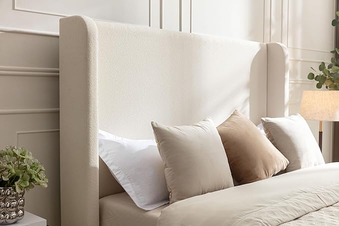 California King Size Upholstered Bed Frame, 54" Tall Headboard Wingback Platform Bed Frames, Elegant Simplicity/Strong Wood Slats Support/No Box Spring Needed/No Noise, Beige Boucle