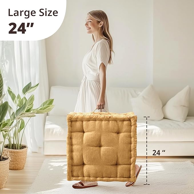 Intelligent Design Large Floor Pillow for Adults Yoga or Meditation Cushion with Handle, Floor Cushion for Board Games, Lustrous Chenille Tufted, Handsewn Scalloped Edge, Azza, 24" x 24" x 5" Yellow