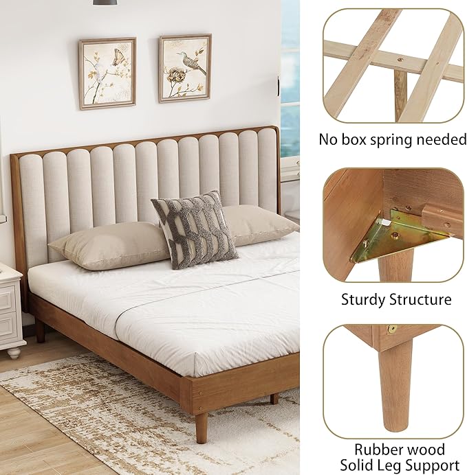 Wood King Size Bed Frame with Upholstered Tufted Headboard, Solid Wood Platform Bed,Mid-Century Style,No Box Spring Required, Easy Assembly,Wheat