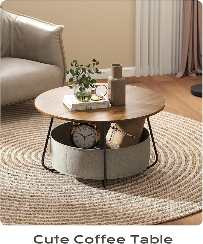 Manora Small Round Coffee Table for Living Room, Modern Center Table with Fabric Basket Storage, Cute Circle Table for Small Spaces, Metal Frame, Brown