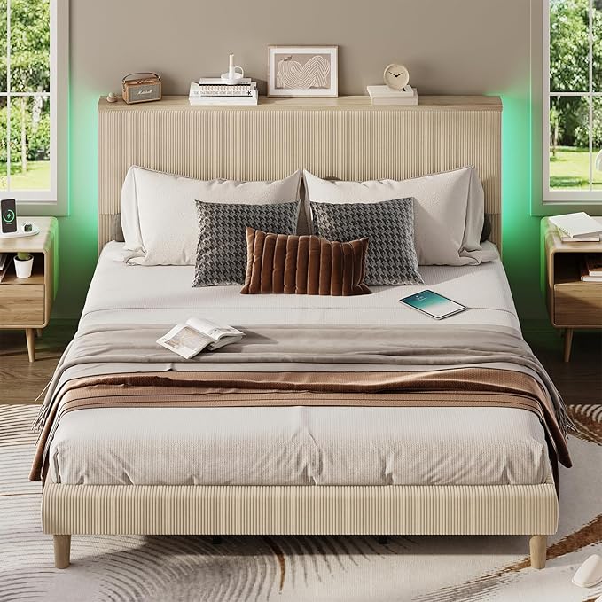 Bestier King Bed Frame with Adjustable Headboard & LED Lighting, Corduroy Upholstered Platform Bed Frame with Storage Shelf, Solid Wood Slats, No Box Spring Needed,Never Squeak, Easy Assembly, Taupe