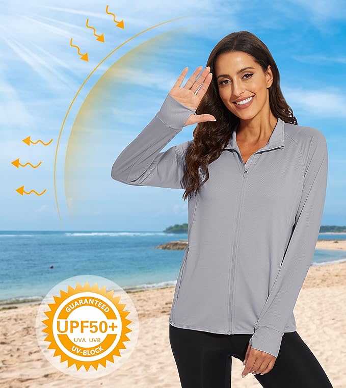 MAGCOMSEN Women's UPF 50+ Lightweight Athletic Jacket Sun Protection Full Zip Long Sleeve Shirts Hiking Outdoor Pockets