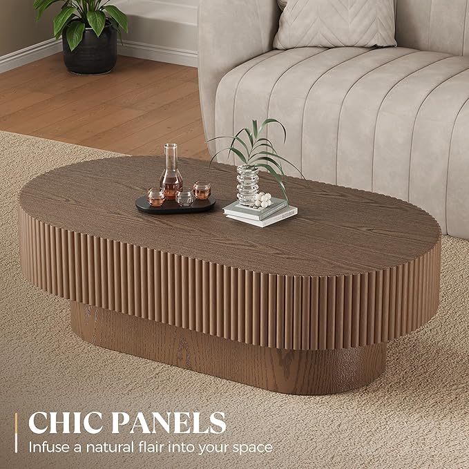 YOUDENOVA 43.7” Oval Coffee Table, Modern Wood Fluted Coffee Table for Living Room, Veneer Handcrafted Relief Center Table with Sturdy Pedestal，Easy Assembly - Walnut