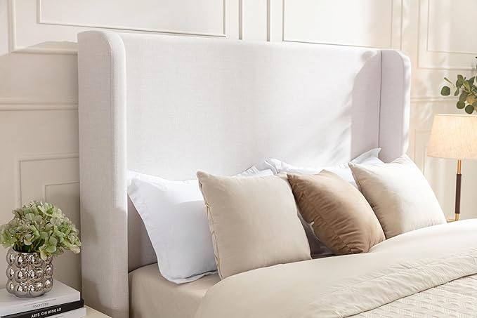 California King Size Upholstered Bed Frame, 54" Tall Headboard Wingback Platform Bed Frames, Elegant Simplicity/Strong Wood Slats Support/No Box Spring Needed/No Noise, Textured Ivory Canvas