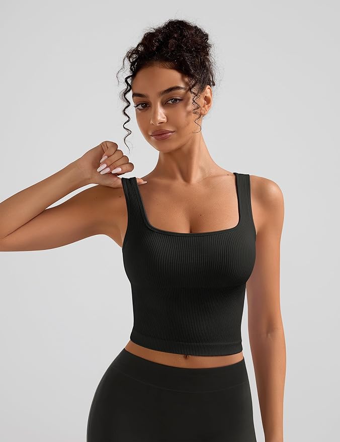 OLCHEE Womens 3 Pack Crop Tank Tops Basic Seamless Ribbed Sleeveless Square Neck Workout Top Summer Exercise Yoga Gym Shirts