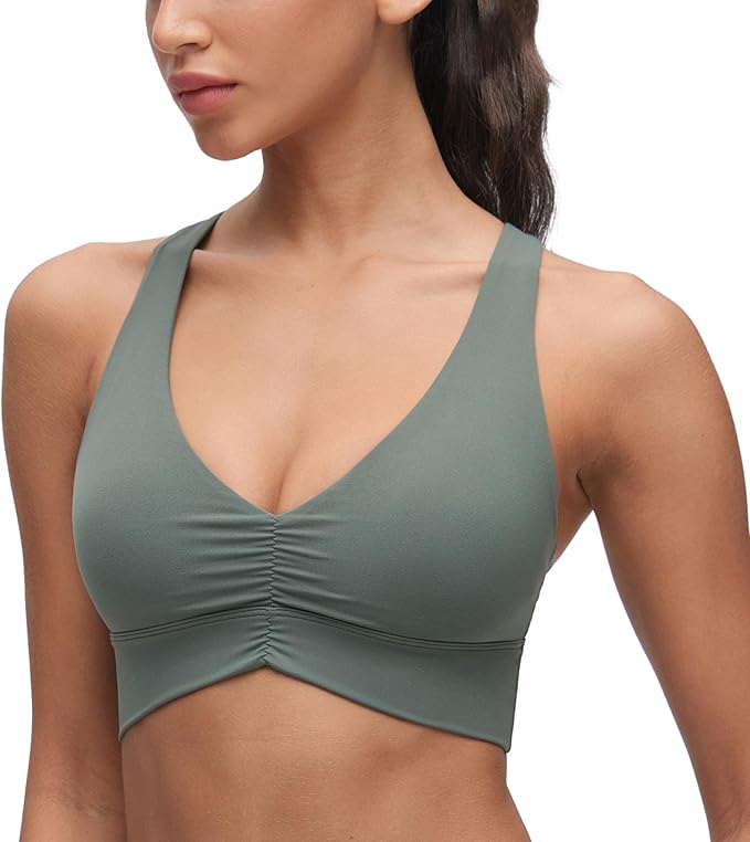 CRZ YOGA Butterluxe Ruched Longline Sports Bras for Women - V Neck Padded Yoga Tank Wide Straps Cross Back Crop Tops