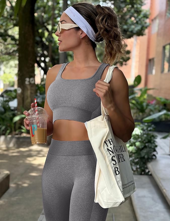 OLCHEE Womens Workout Sets 2 Piece Seamless Square Neck Sports Bra Padded Butt Lifting Leggings High Waist Yoga Gym Outfits