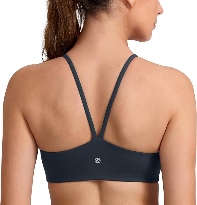 CRZ YOGA Butterlift Double Lined V Back Sports Bras for Women - Scoop Neck Spaghetti Strap Wireless Yoga Top Non Padded