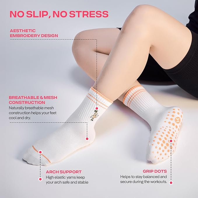 CoolMate Pilates Socks with Grips for Women, Yoga Socks, Crew Non Slip Women for Barre, Pilates Gifts for Women