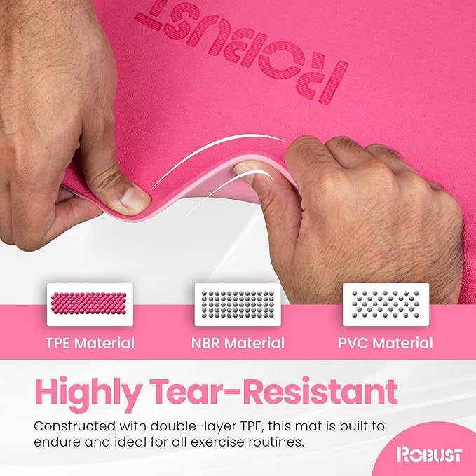 Robust Extra Thick Yoga Mat 1/4 & 1/3 & 2/5 Inch - Non Slip Exercise Mat with Alignment Lines, Carrying Strap, TPE Eco-Friendly Material for Knee Support, Sweat-Proof 72" x 24" for Women & Men