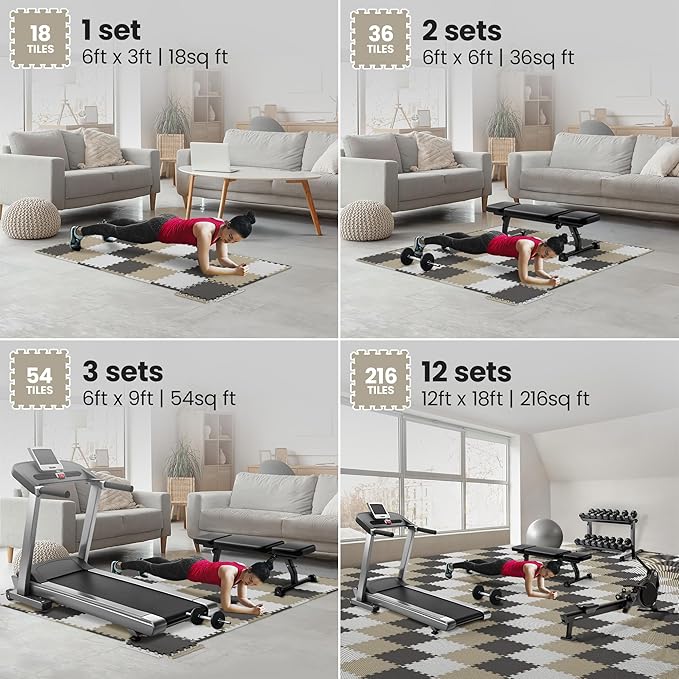 bemaxx Gym Mats Set - 18 pcs EVA Interlocking Foam Floor Tiles (12.6"x12.6"x0.4") 18sqft Protective Gym Flooring Sports Home Workout Exercise Mats Puzzle Garage Fitness Play-Room Pool Treadmill Bike