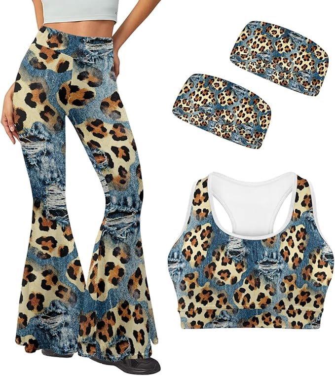 4 Piece Gym Sets Women Racerback Sports Bra with Back Pocket, Matching Flare Yoga Pants And Sweatband
